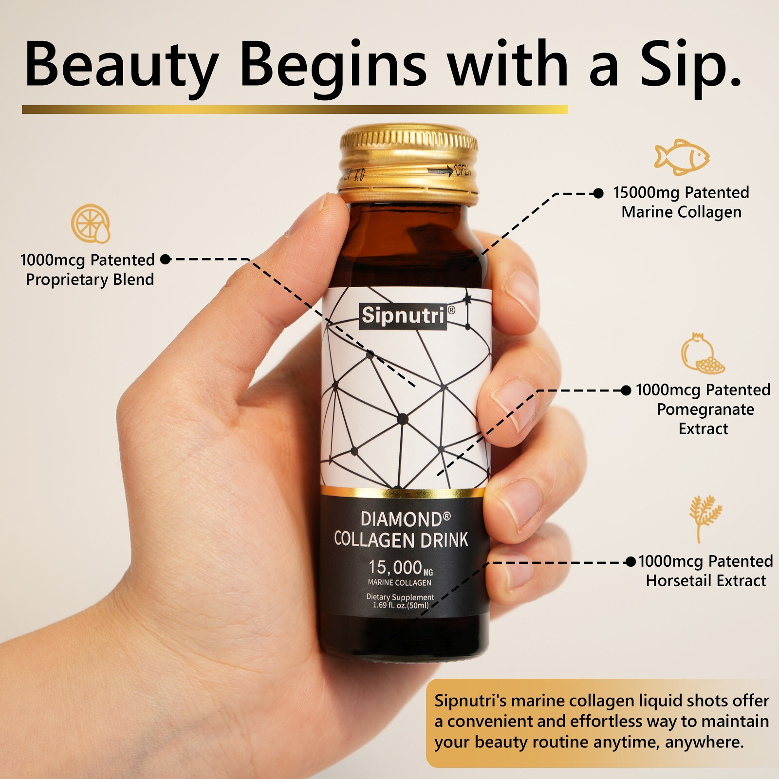 Sipnutri Liquid Collagen Drink 15000mg Hydrolyzed Marine Fish Collagen 3 Boxes