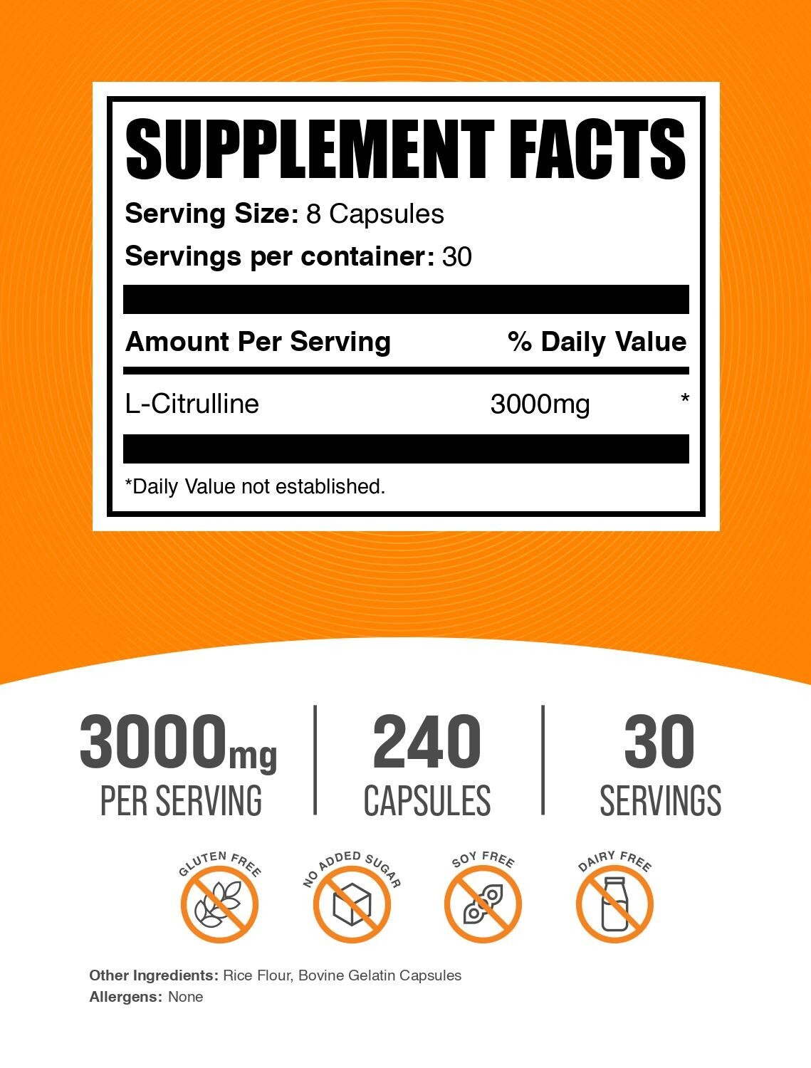 BulkSupplements L-Citrulline 240 Capsules – 3000mg Per Serving