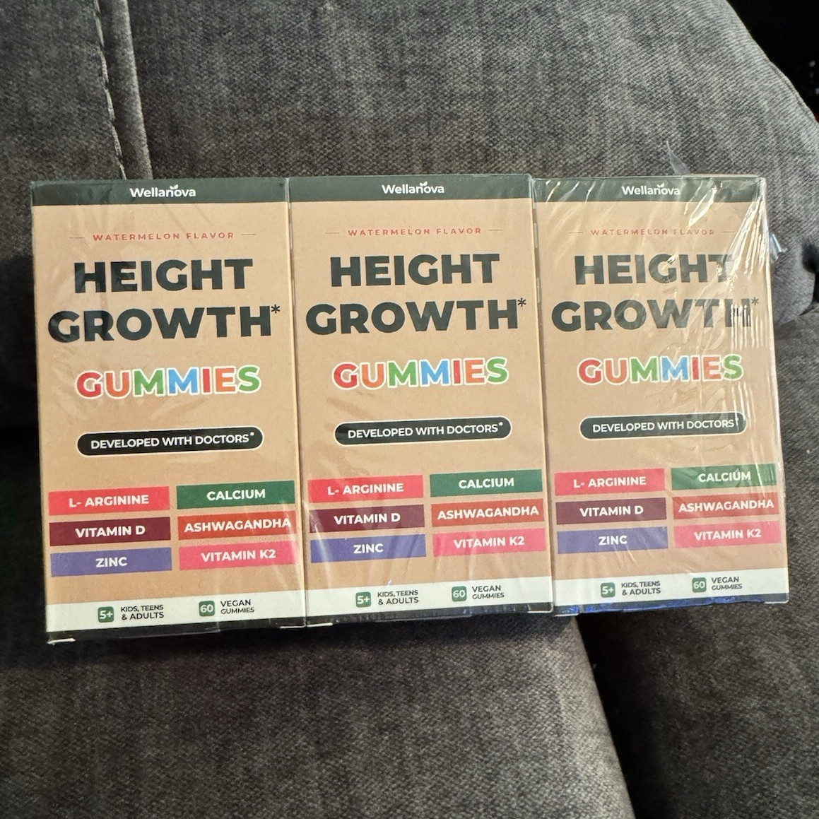 Wellanova Height Growth Gummies Watermelon 60 Ct Vegan w/ L-Arginine + Zinc