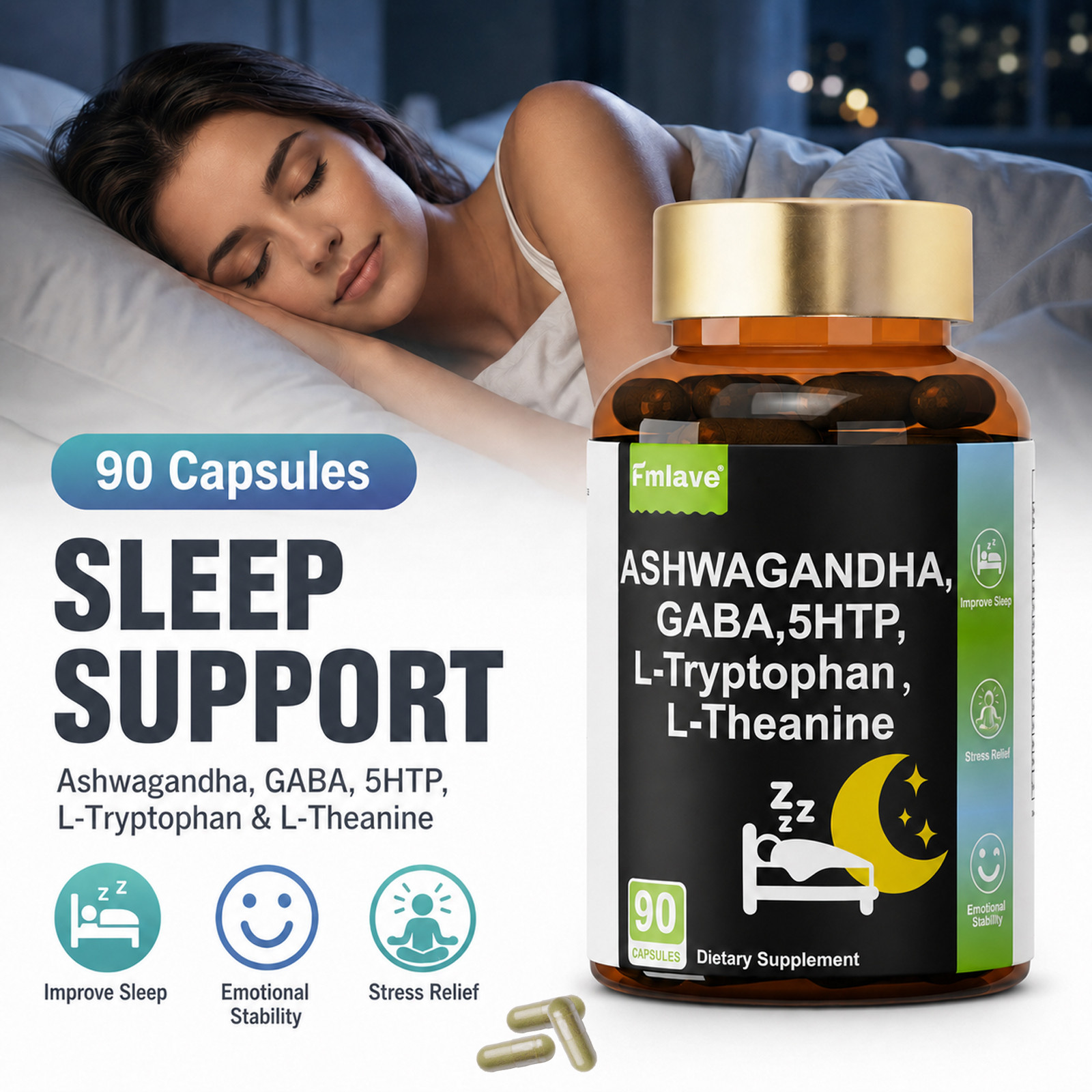 4x GABA 750mg Ashwagandha 5-HTP Capsules Support Calm, Relaxation, Sleep & Focus