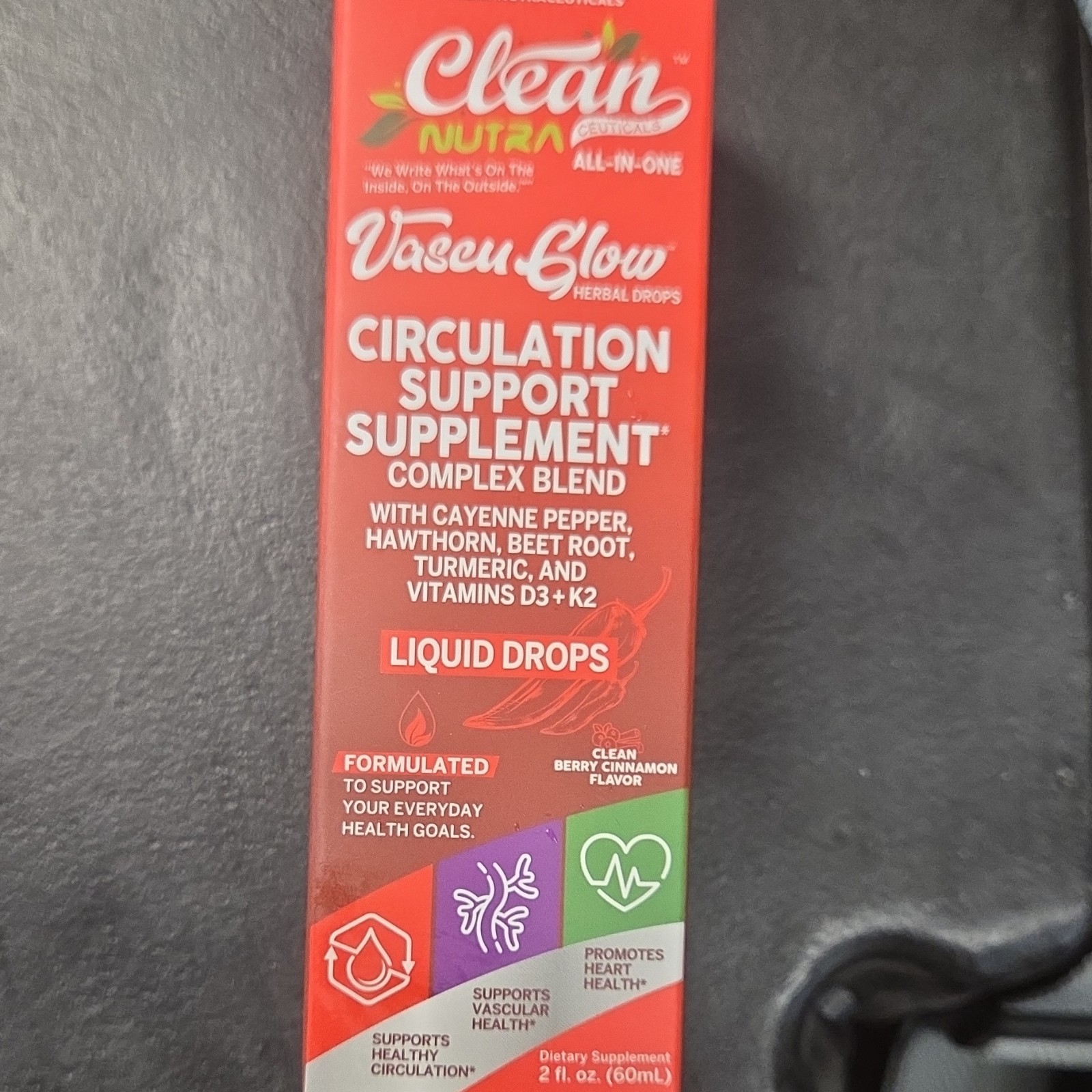 Clean Nutra Vascu Glow Circulation Drops D3 K2 Cayenne Berry Cinnamon 2 fl oz