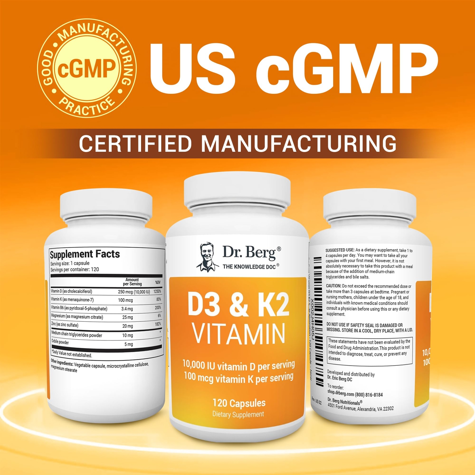 Dr. Berg’s Vitamin D3 K2 w/ MCT Oil 10,000 IU of Vitamin D3, 100 mcg 120 Capsule