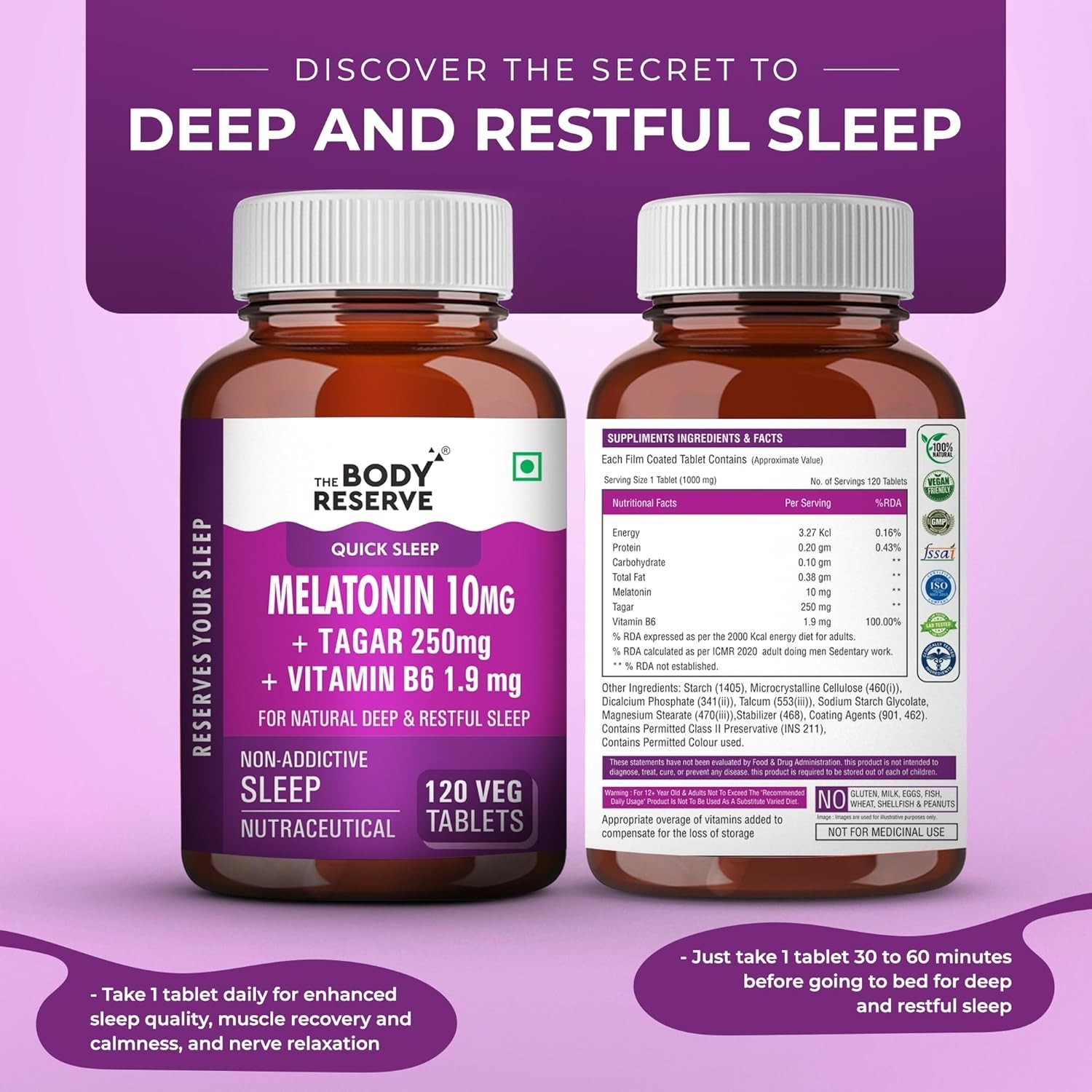 Melatonin 10mg Tagar 250mg Sleep Aid Stress Relief 4 Men Women 120 Tabs x 1/2/3