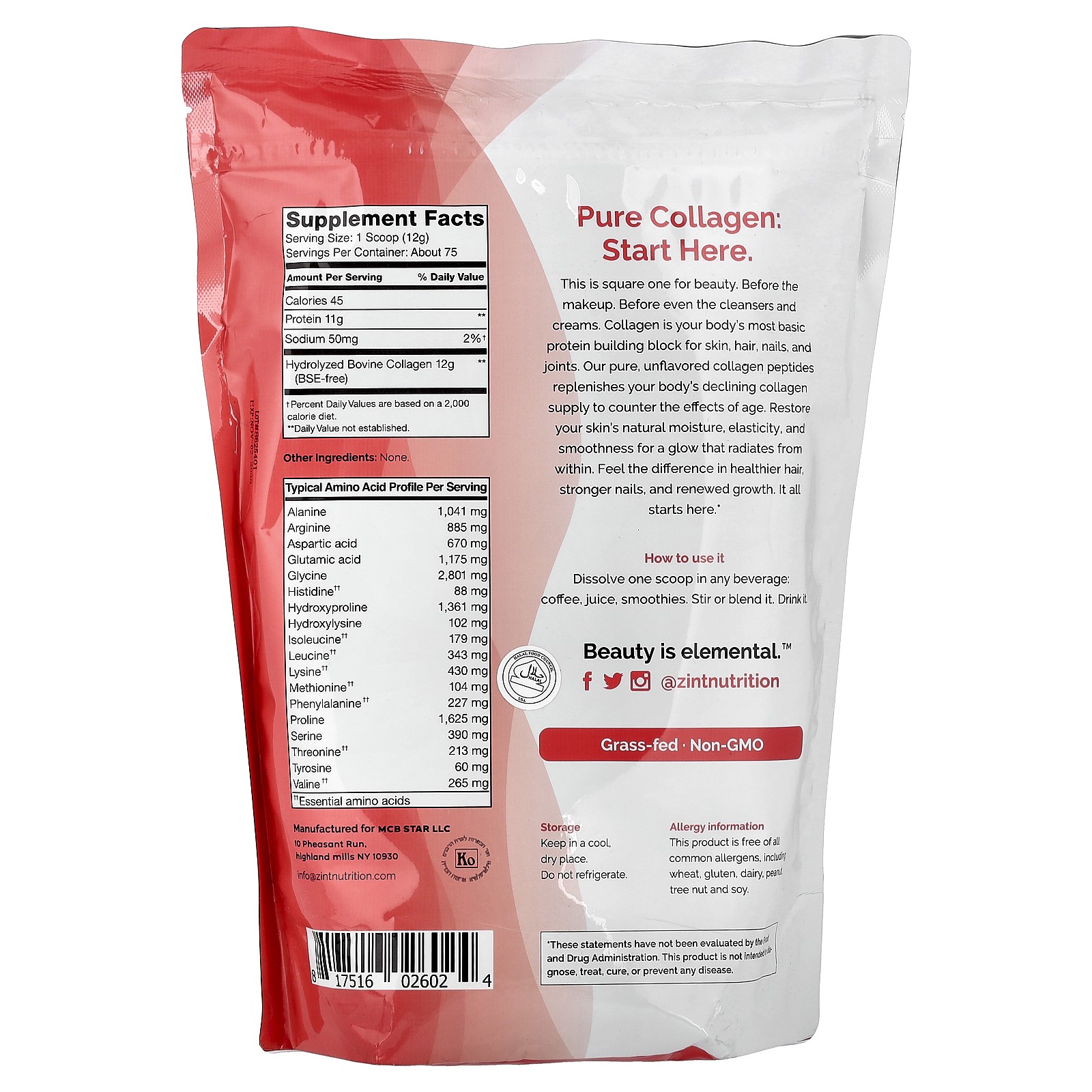 Zint Collagen Hydrolysate Pure Protein 32 oz 907 g Dairy-Free, Gluten-Free,