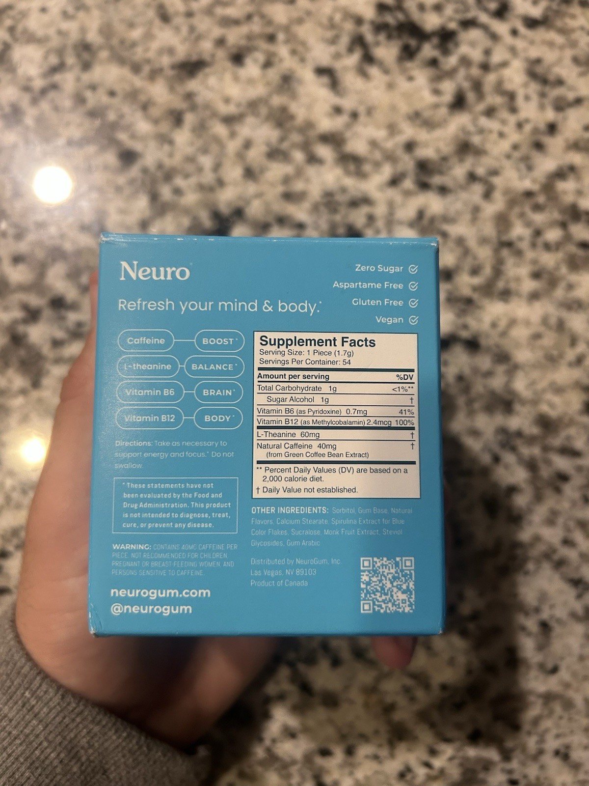Neuro Energy & Focus Gum Peppermint 5 Pack (45 Pieces) Zero Sugar Vegan