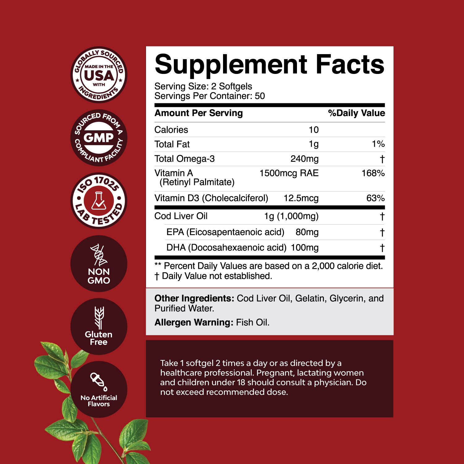 Icelandic Cod Liver Oil Softgels – Wild Caught EPA DHA Omega 3 Fish Oil 1000mg