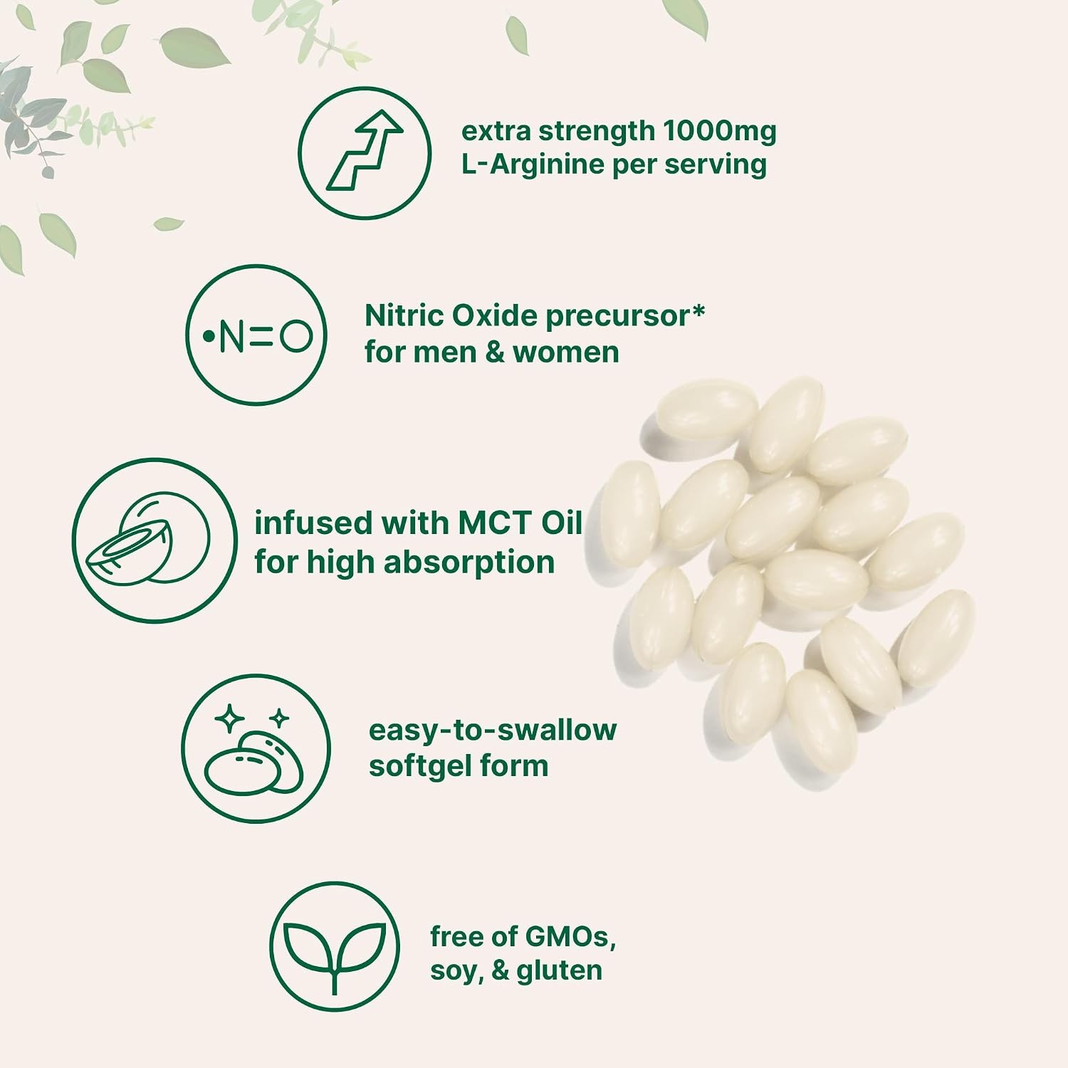 L-Arginine Nitric Oxide Precursor 1000mg with MCT Oil, 300 Softgels | L-Arginina