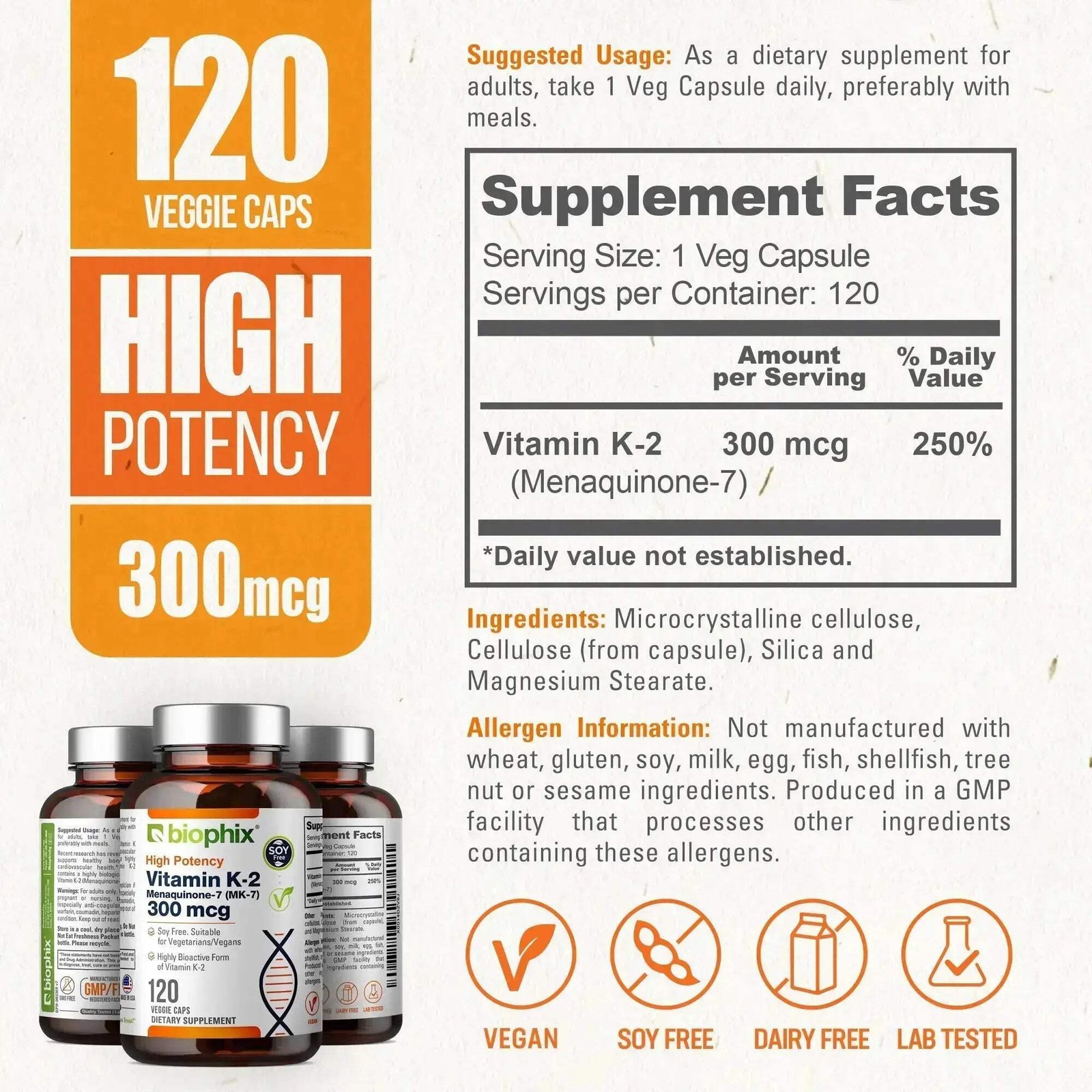Biophix Vitamin K-2 MK-7 300 mcg 120 Vegetarian Capsules