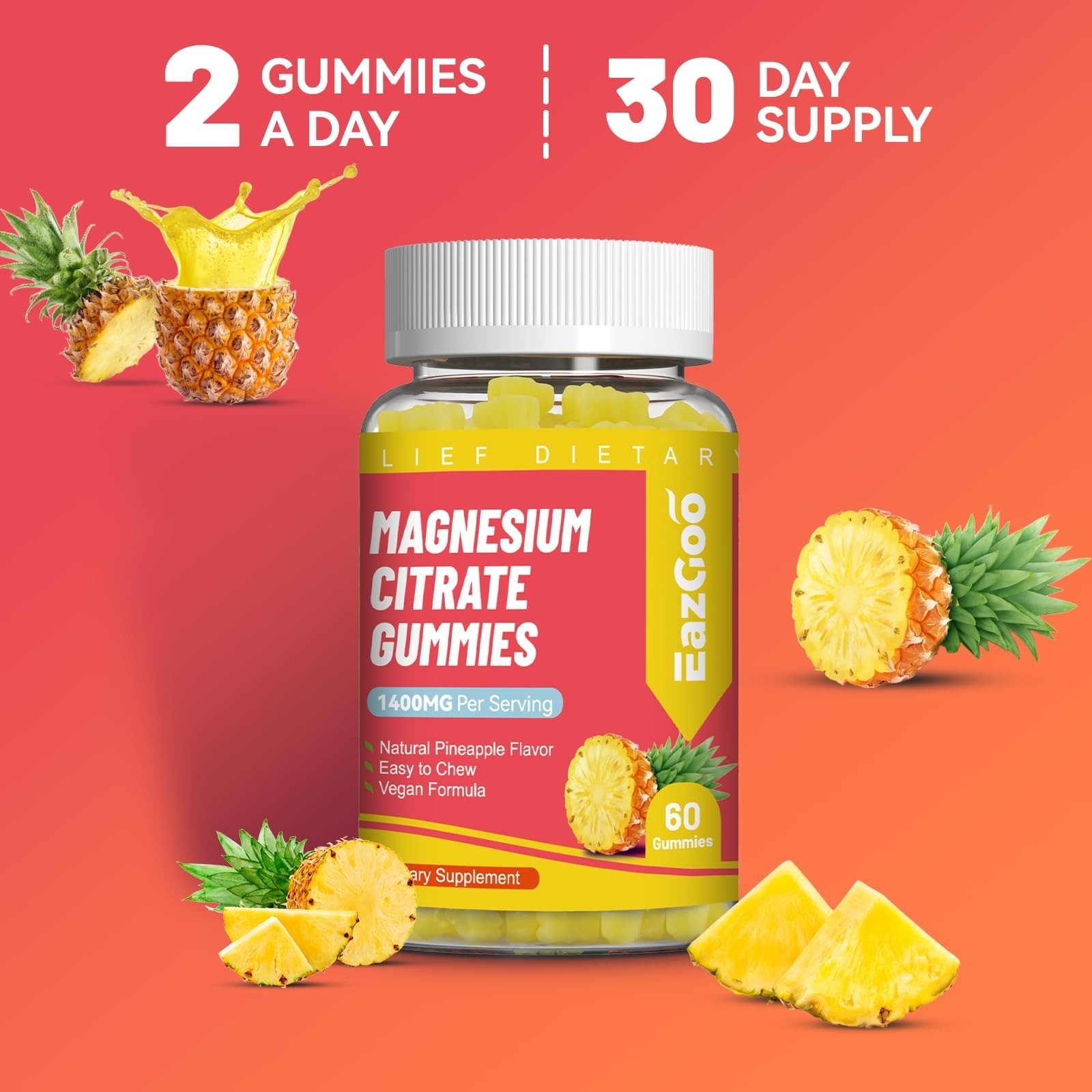 EAZGOO 1400MG Magnesium Citrate Gummies – Vegan, Non-GMO, 60 Count