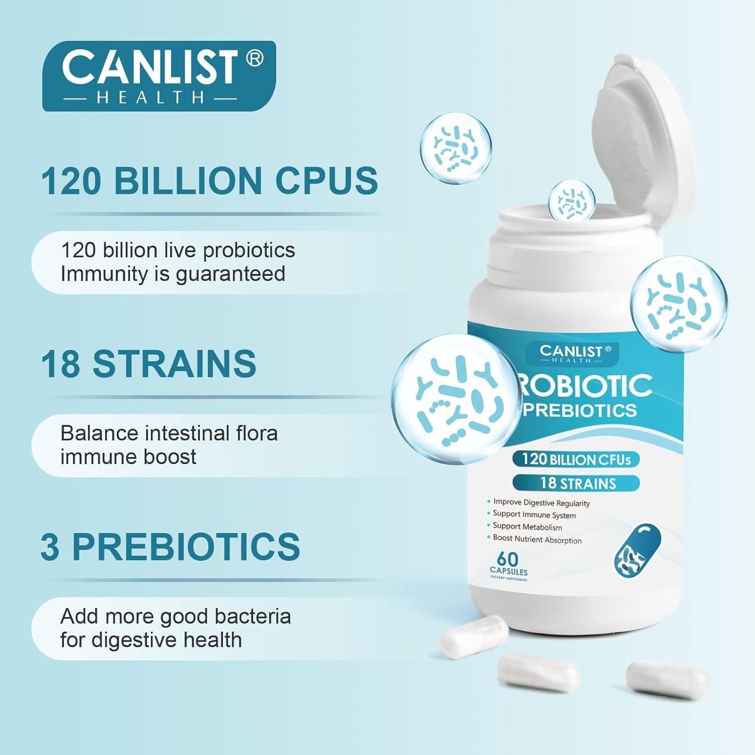 CANLIST Probiotics 120 Billion CFUs 60 Capsules Digestive Immune Support