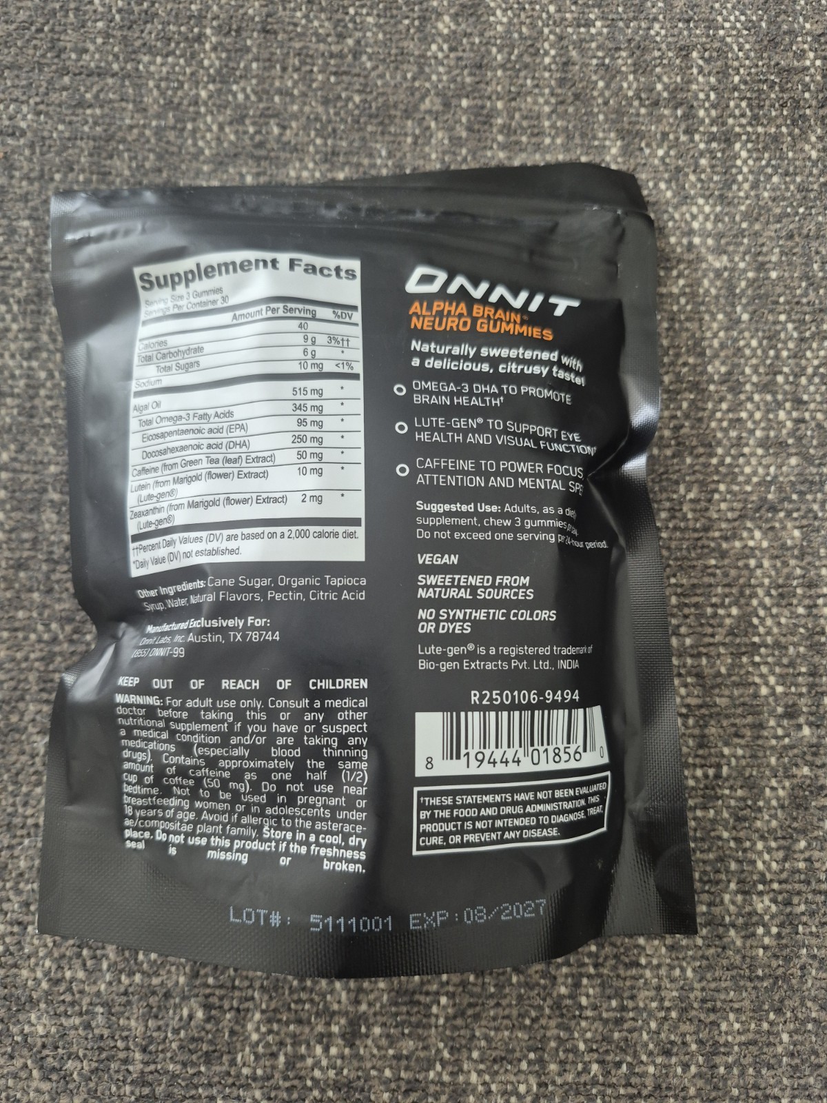 Onnit Alpha Brain Neuro Gummies Citrus Punch Vegan No Synthetic Dyes 90 ct