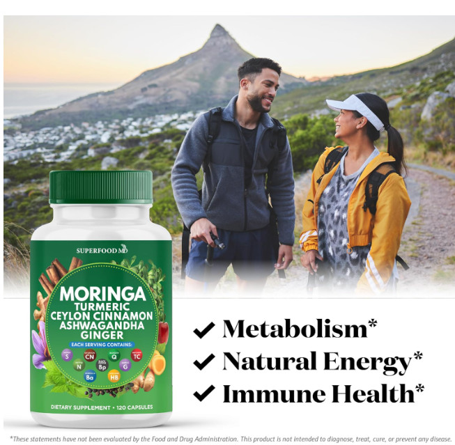 Superfood MD Moringa Supplement Turmeric Ginger Boswellia Saffron Basil 120 Caps