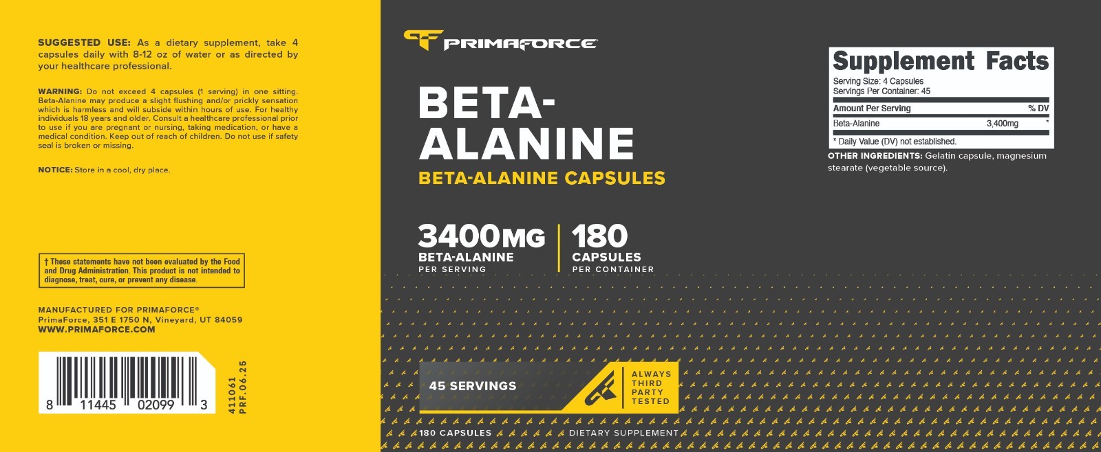 PrimaForce Beta Alanine Capsules 3400mg, 180 Capsules (45 Servings)