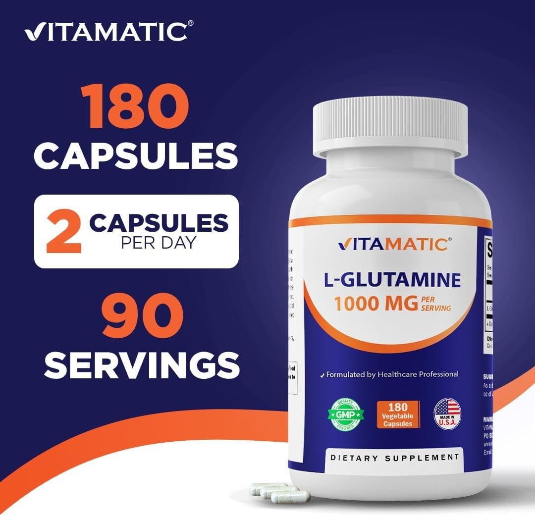 Vitamatic L-Glutamine 1000mg 180 Veg Capsules Non GMO Gluten Free USA GMP