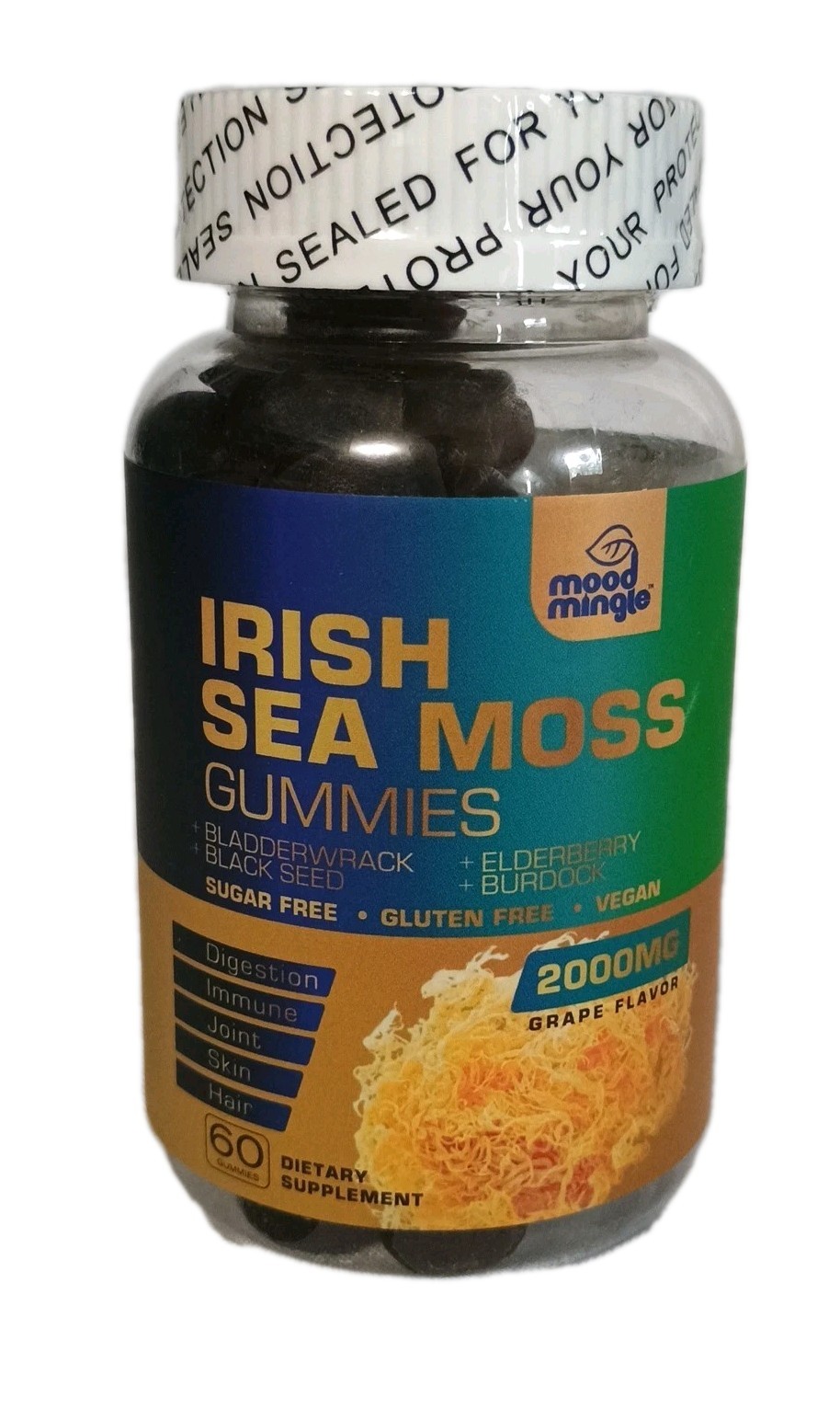 Irish Sea Moss Gummies–60 Grape Bladderwrack Burdock Elderberry Black Seed 06/26