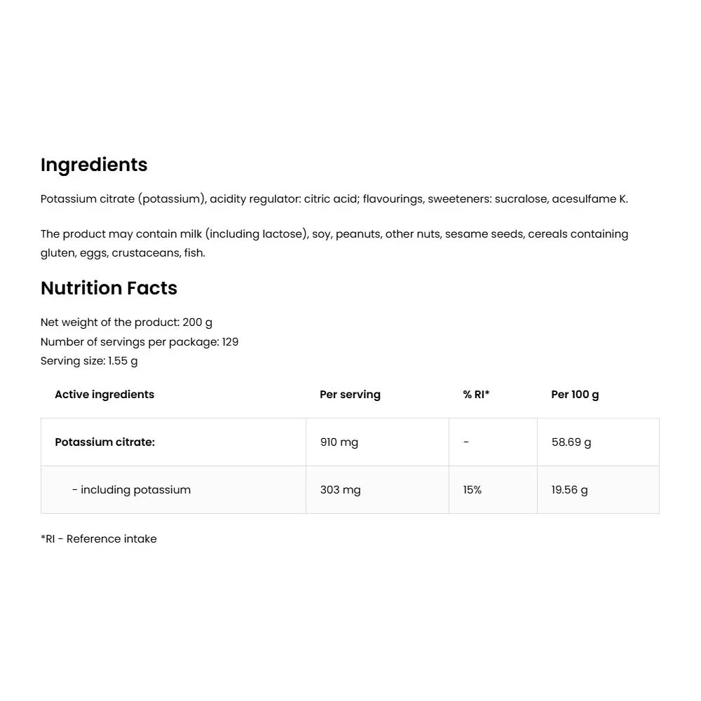 POTASSIUM CITRATE – 200 g -Function nervous system electrolyte balance hydration
