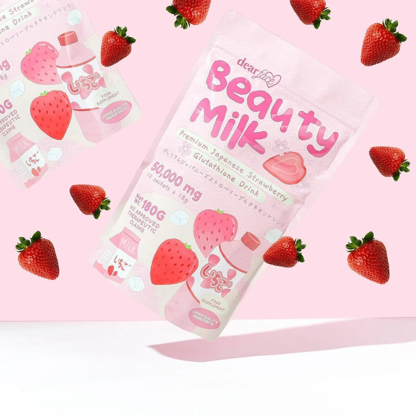 Dear Face Beauty Milk Japanese Collagen STRAWBERRY Drink, 10 Sachets X 18g