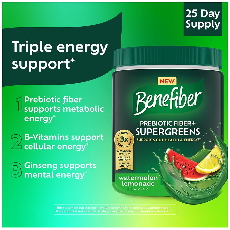 Benefiber Prebiotic Fiber + Supergreens, Watermelon Lemonade, 8.8 Oz, exp1/2027