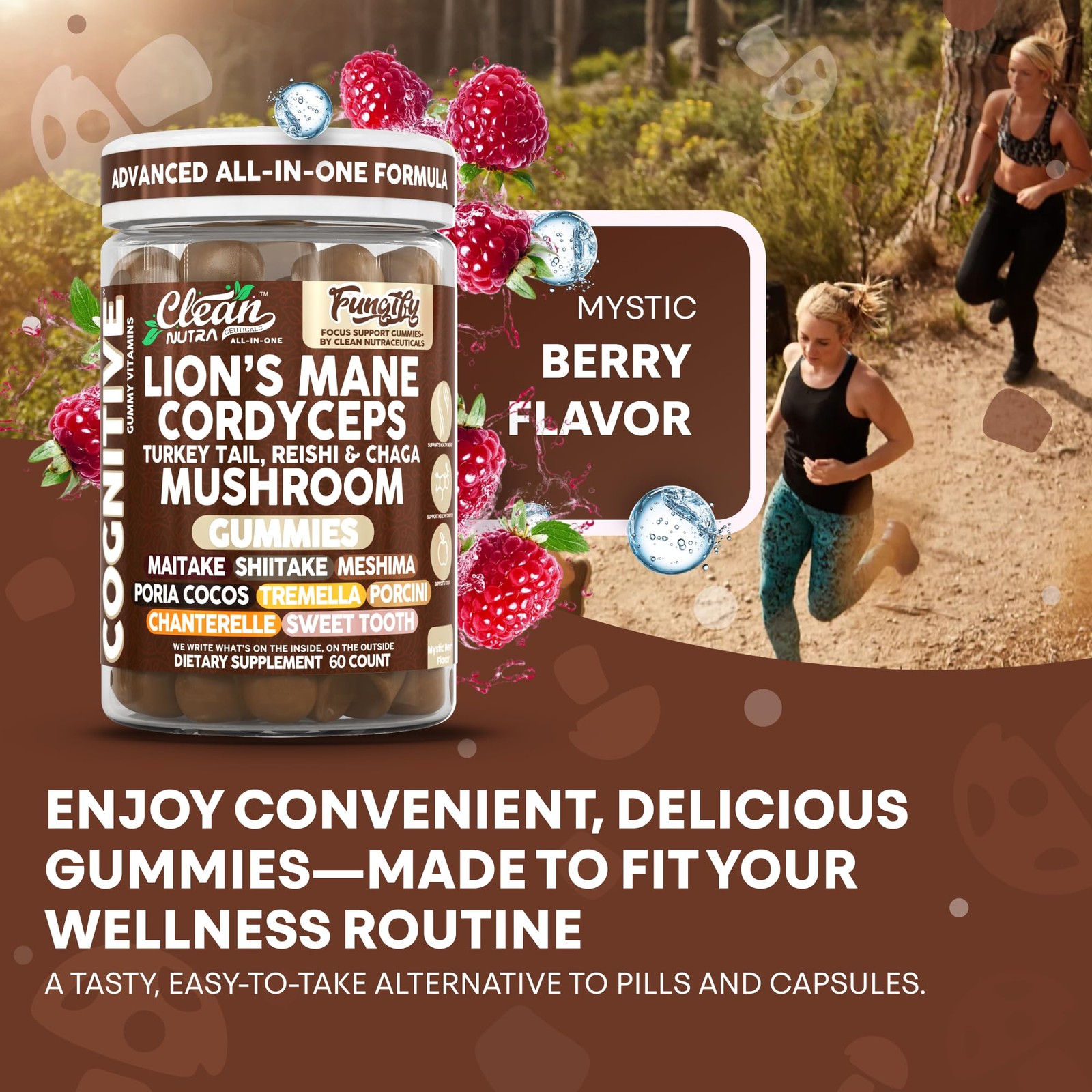 Clean Nutra Lions Mane Mushroom Gummies Cordyceps 60 Count (Pack of 1), Brown