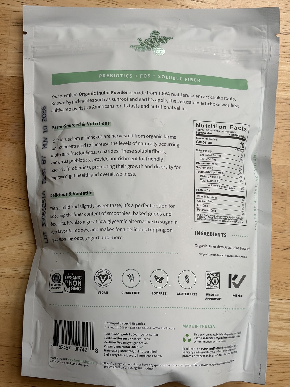 Sprout Living Organic Prebiotic Inulin 1lb Exp. Nov-2026