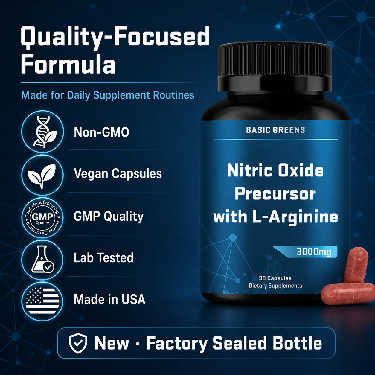 BASIC GREENS L-Arginine 3000mg Nitric Oxide Supplement Beet Root Vegan 90 Caps