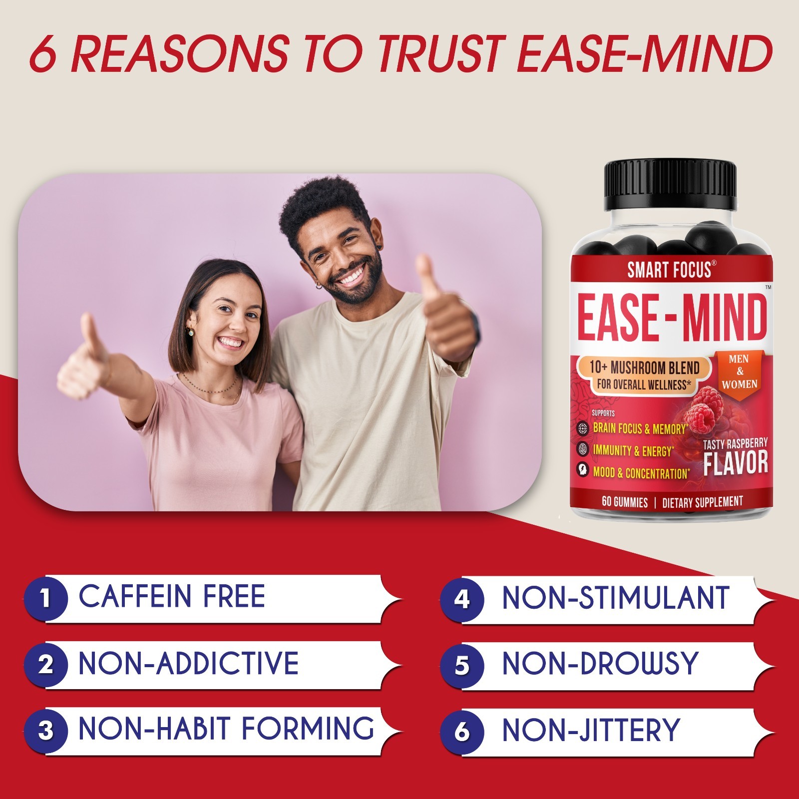Ease-Mind Mushroom Gummies Lions Mane Reishi Cordyceps Focus Support 60ct