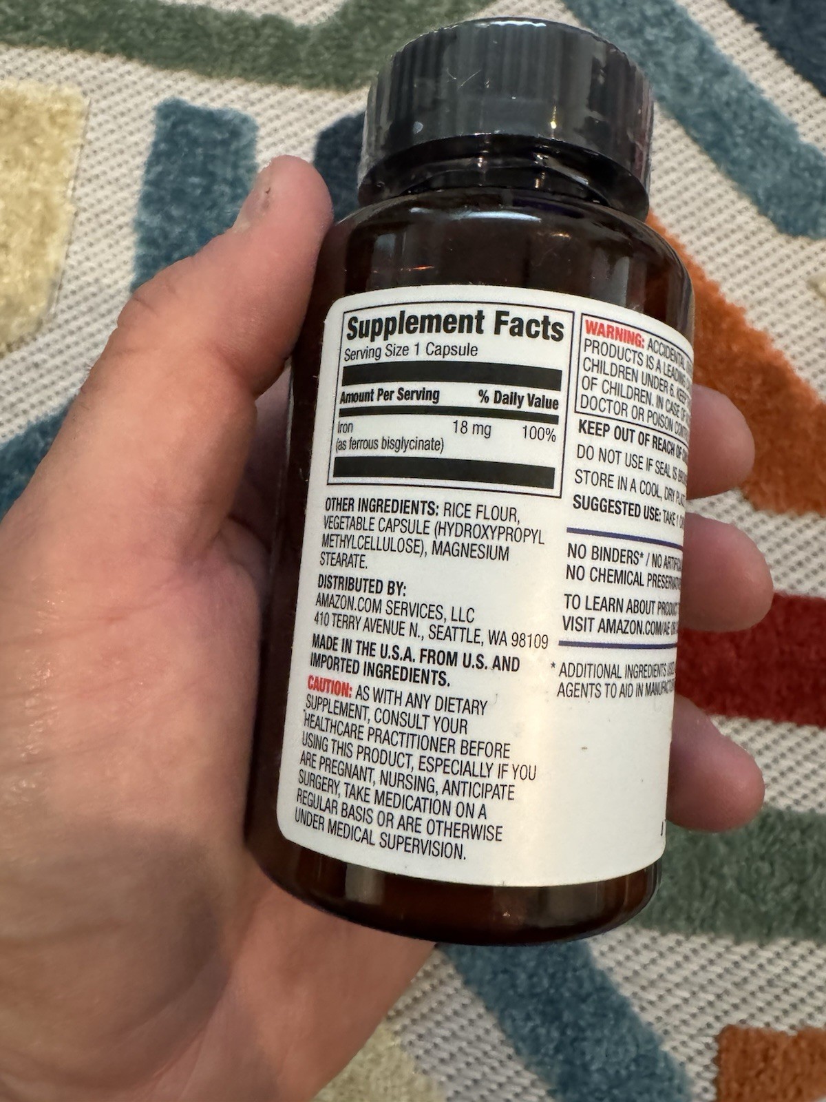 LOT OF 10 BOTTLES NEW Amazon Elements Iron 18mg 195 Vegan Capsules Exp 6/26 WOW!