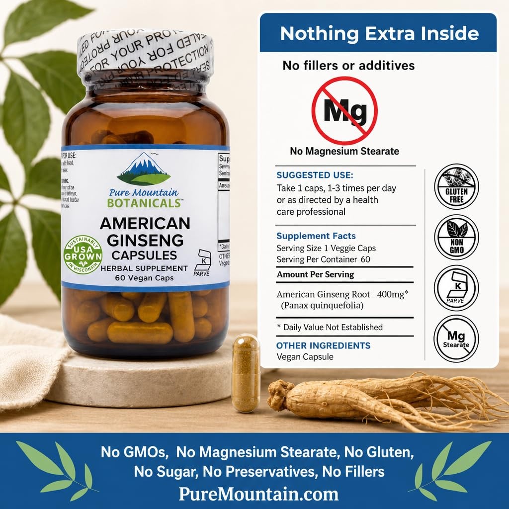 Pure Mountain American Ginseng Capsules – Kosher Vegan 400mg Panax Quinquefolia