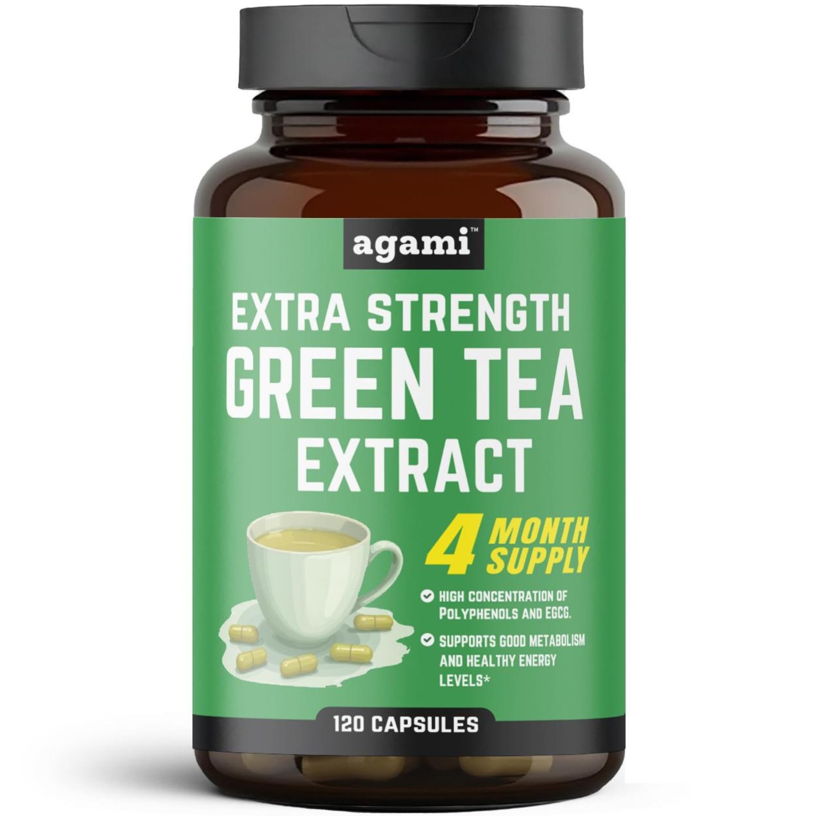 Agami Green Tea Capsules | 4 Month Supply | Energy & 120 Count (Pack of 1)