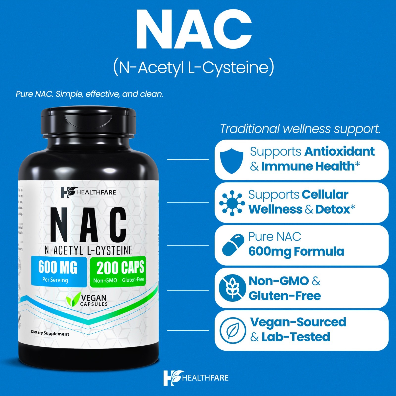 HealthFare N-Acetyl L-Cysteine (NAC) 600mg, 200 Capsules – Non-GMO
