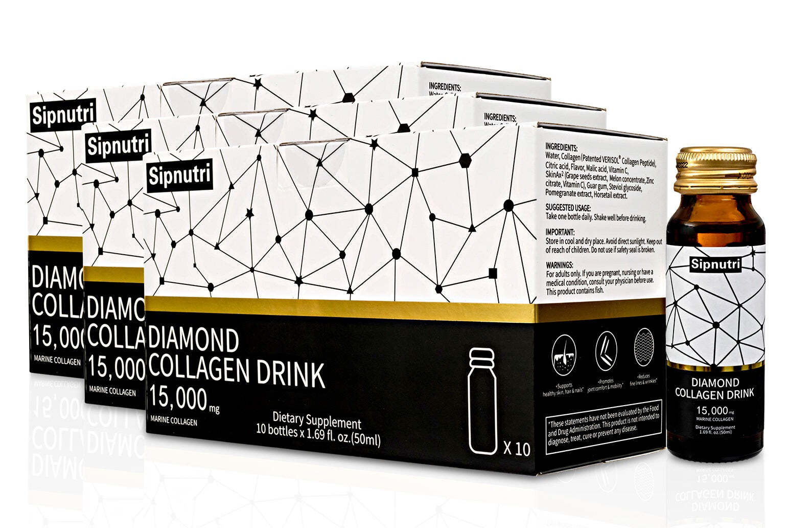 Sipnutri Liquid Collagen Drink 15000mg Hydrolyzed Marine Fish Collagen 3 Boxes