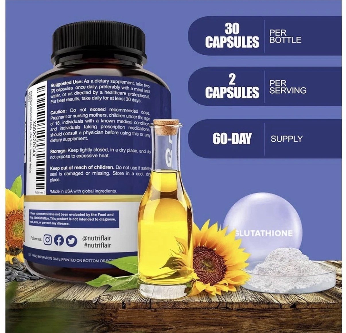NutriFlair Liposomal Glutathione 700mg 60 Capsules Setria Antioxidant Supplement