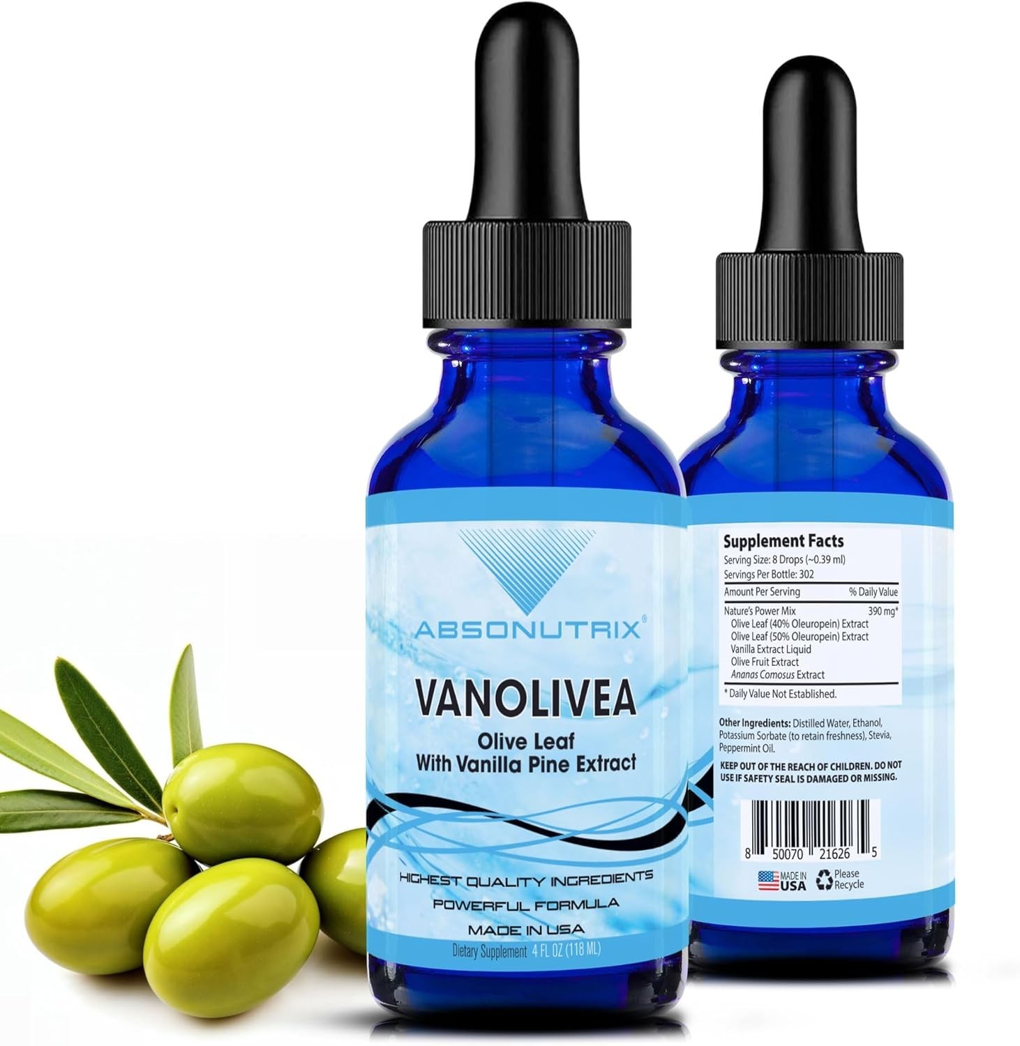 VanOlivea Olive Leaf Extract Liquid 302 Servings Plant Based Non GMO Made in USA