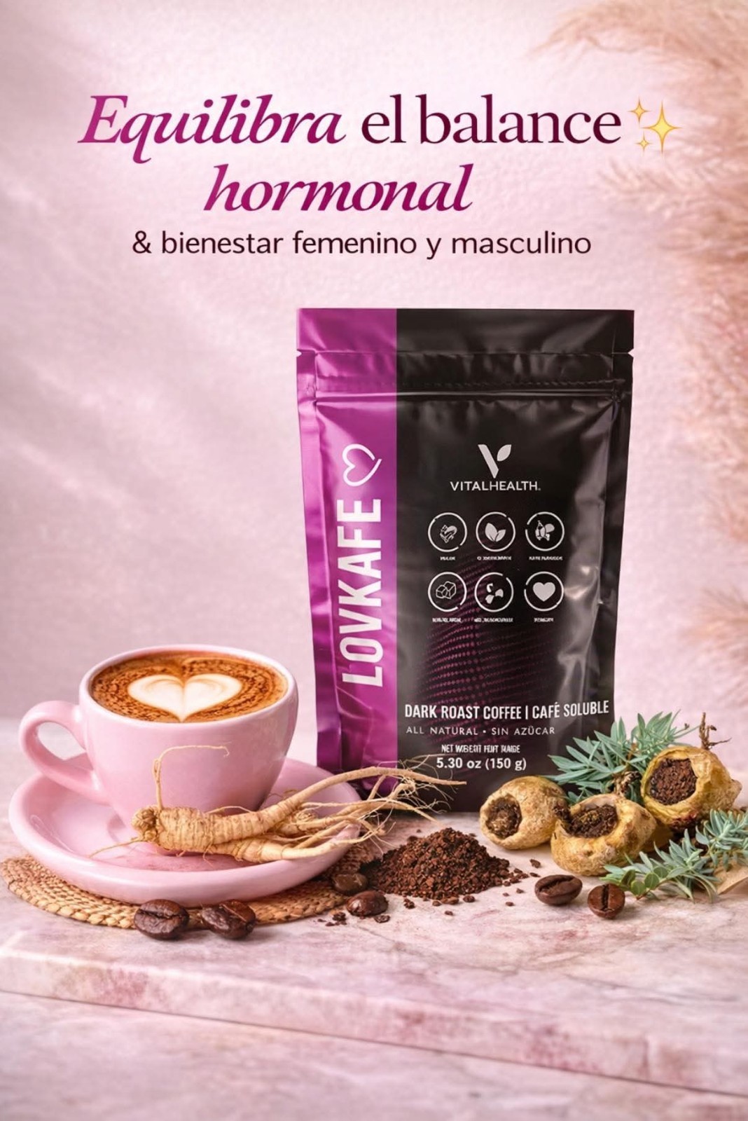 VitalHealth V-Lovkafe Hormone Support Dark Roast Coffee Powder 5.30 oz
