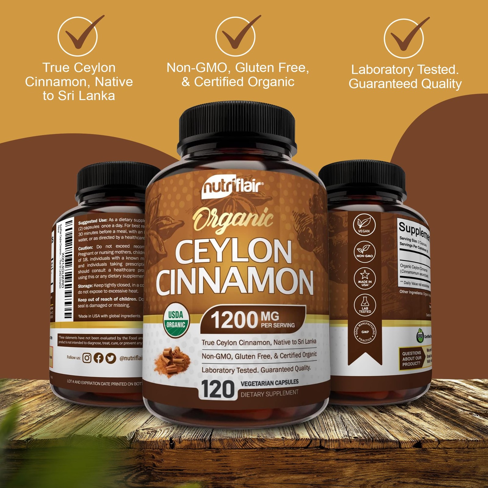 NutriFlair Organic Ceylon Cinnamon Supplement 1200mg, 120 Count (Pack of 1)
