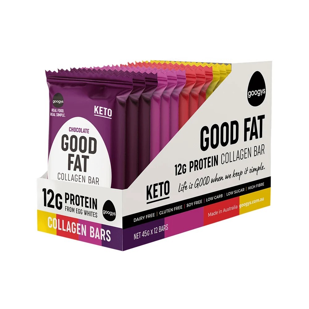 New Googys Good Fat Collagen Bar Mixed 45g x 12 Bars