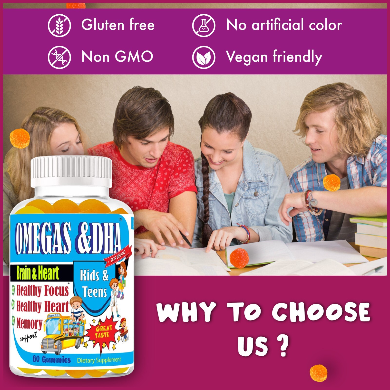Kids Brain Supplements, Nootropic for Memory, Focus and Concentration, Omega 3
