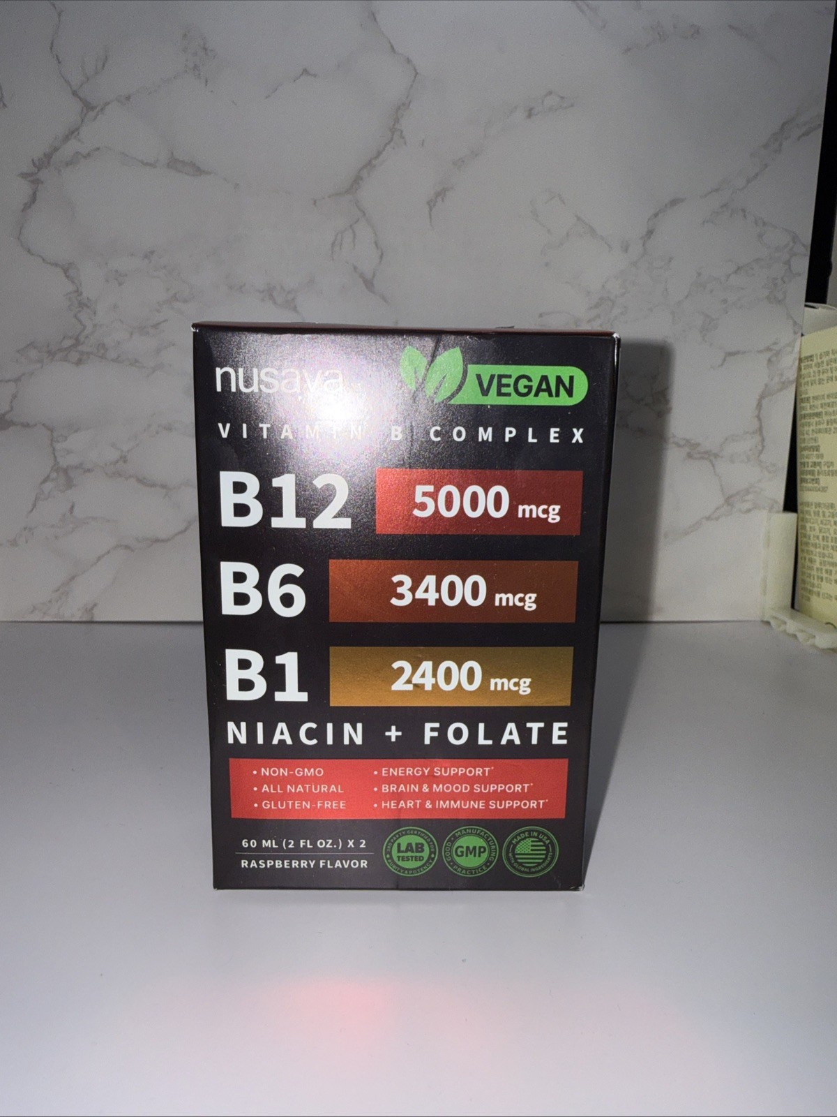 Nusava Vegan Vitamin B Complex Liquid B12 B6 B1 Niacin Folate raspberry 60ml