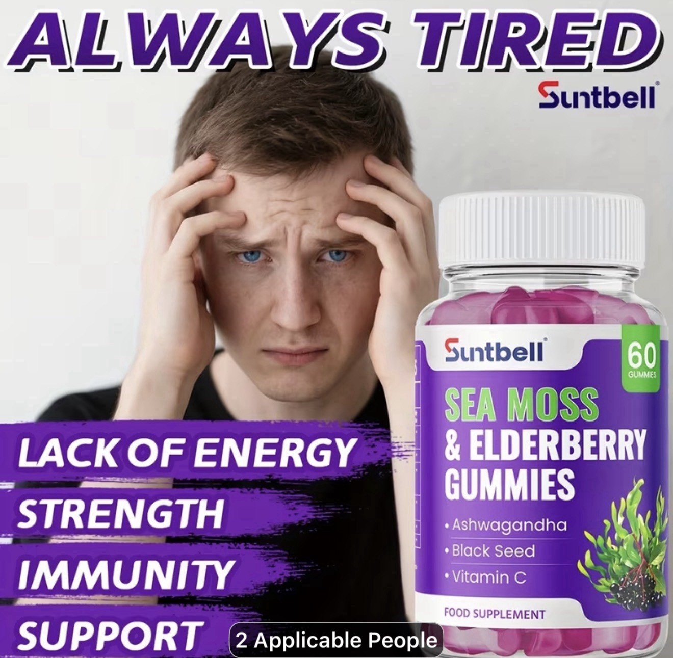 Suntbell Sea Moss & Elderberry Gummies w/ Vitamin C, Grape, 60 Ct