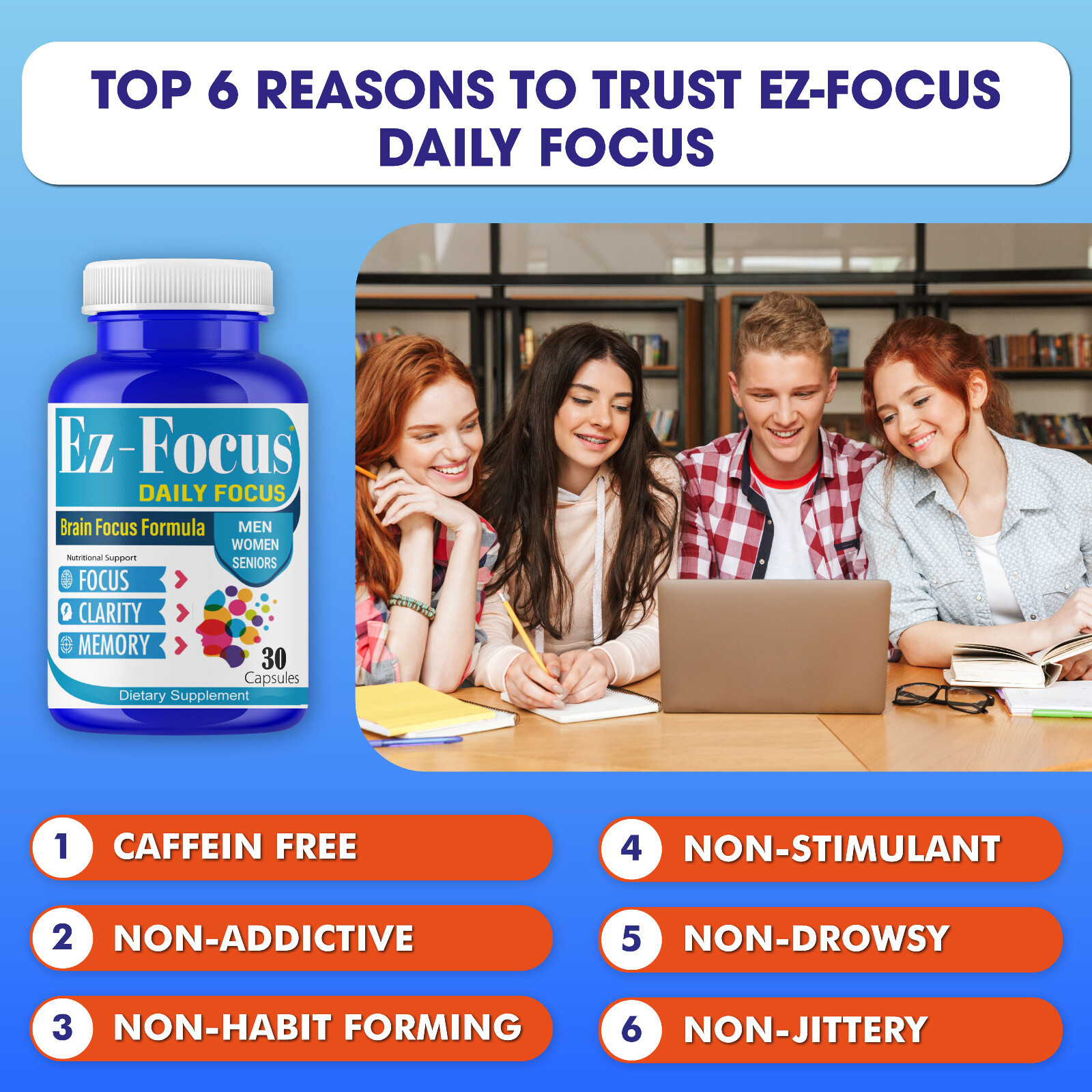 EZ-Focus Brain Booster Supplement & Focus Vitamins for Seniors and Adults 60Caps