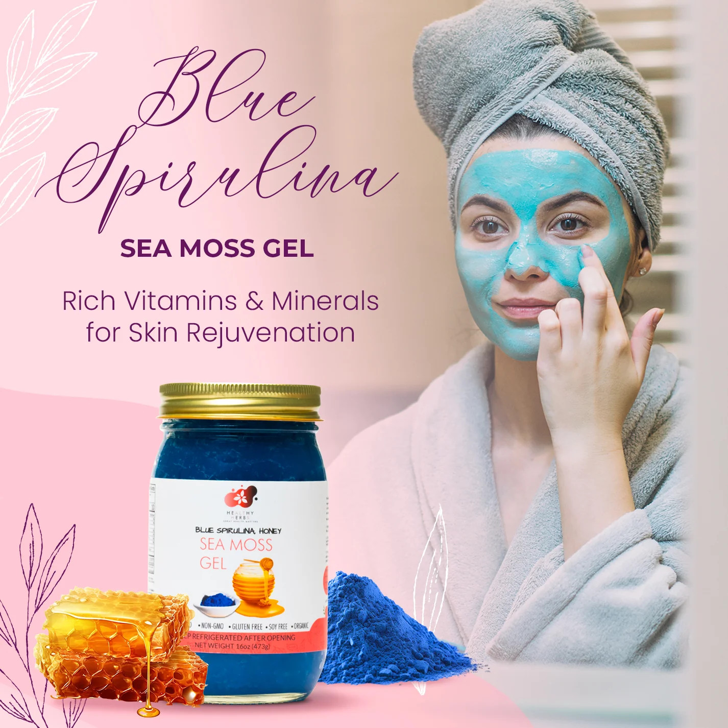 Healthy Herbs | Sea Moss Gel – Blue Spirulina and Honey (16oz)