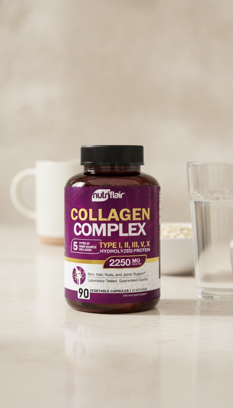 Collagen Supplement, 2250mg, 90 Capsules, Type I II III V X, Unflavored