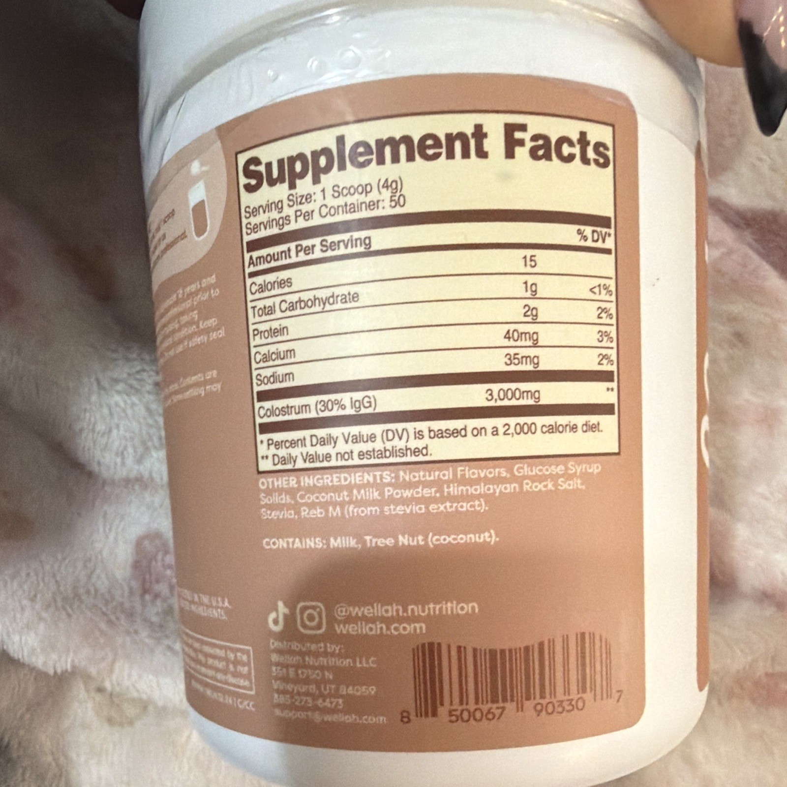 Wellah Colostrum Powder Coconut Cream Stevia 3000mg 7 oz Exp 01/2026