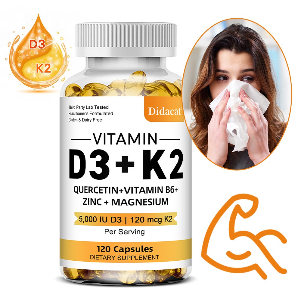 Multivitamin D3+K2 Supplement Strengthen Bone Teeth Muscle&Support Immune 120Cap