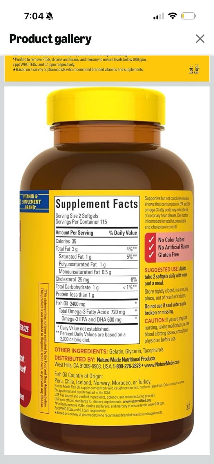 Nature Made Fish Oil 1200mg 230 Softgels Omega-3 Gluten-Free Dairy-Free
