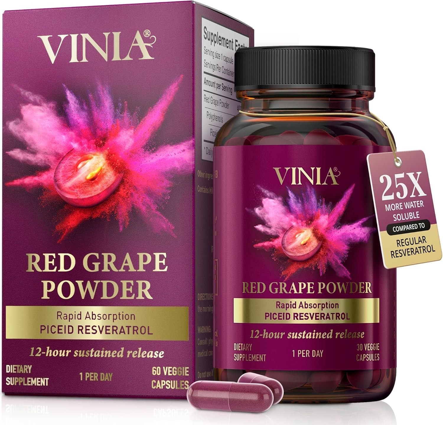 VINIA Blood Flow Capsules Red Grape Powder and Nitric Oxide Supplement 60 Caps