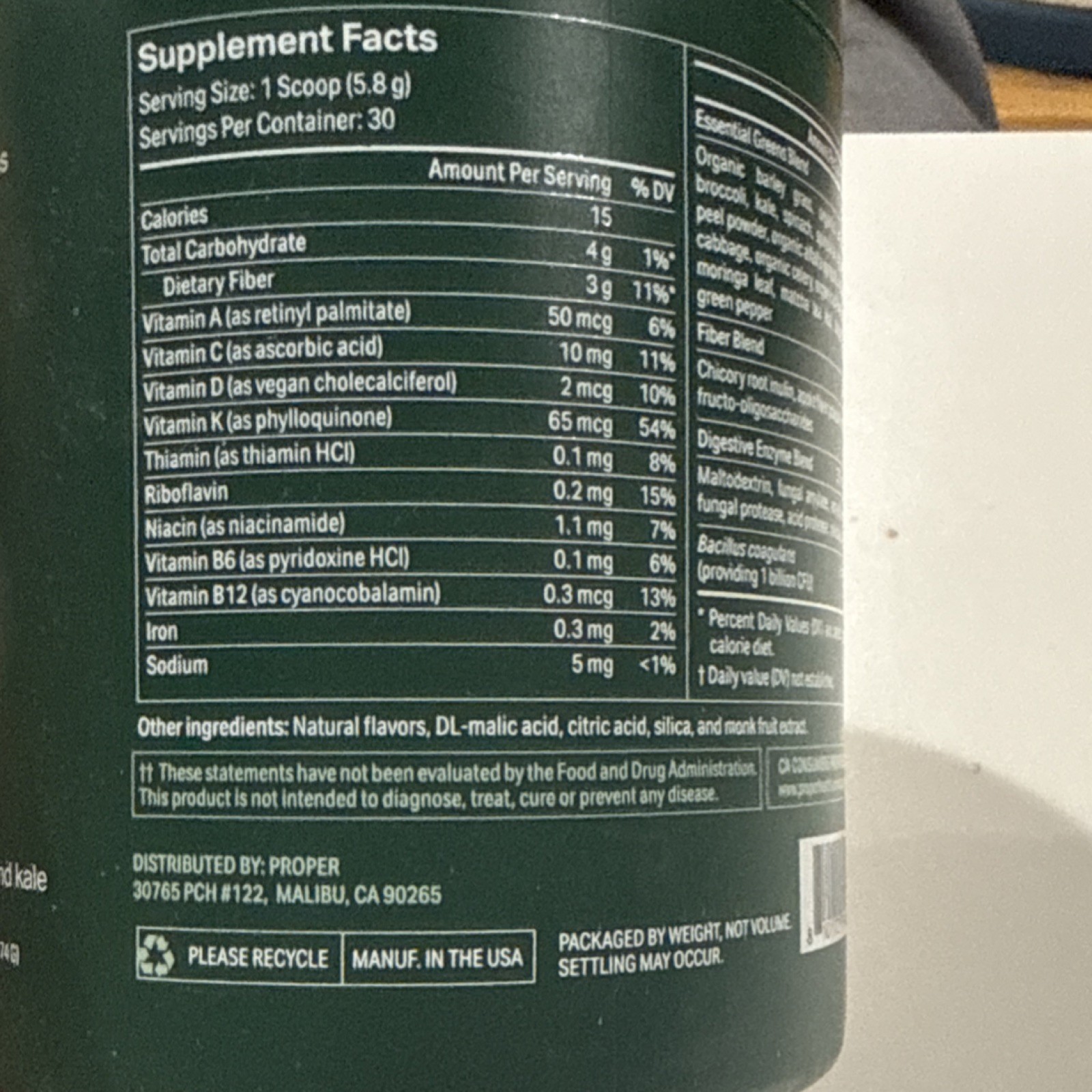 Proper Superfood Powder Organic Green Apple Wheat Grass Spirulina 6.13 oz