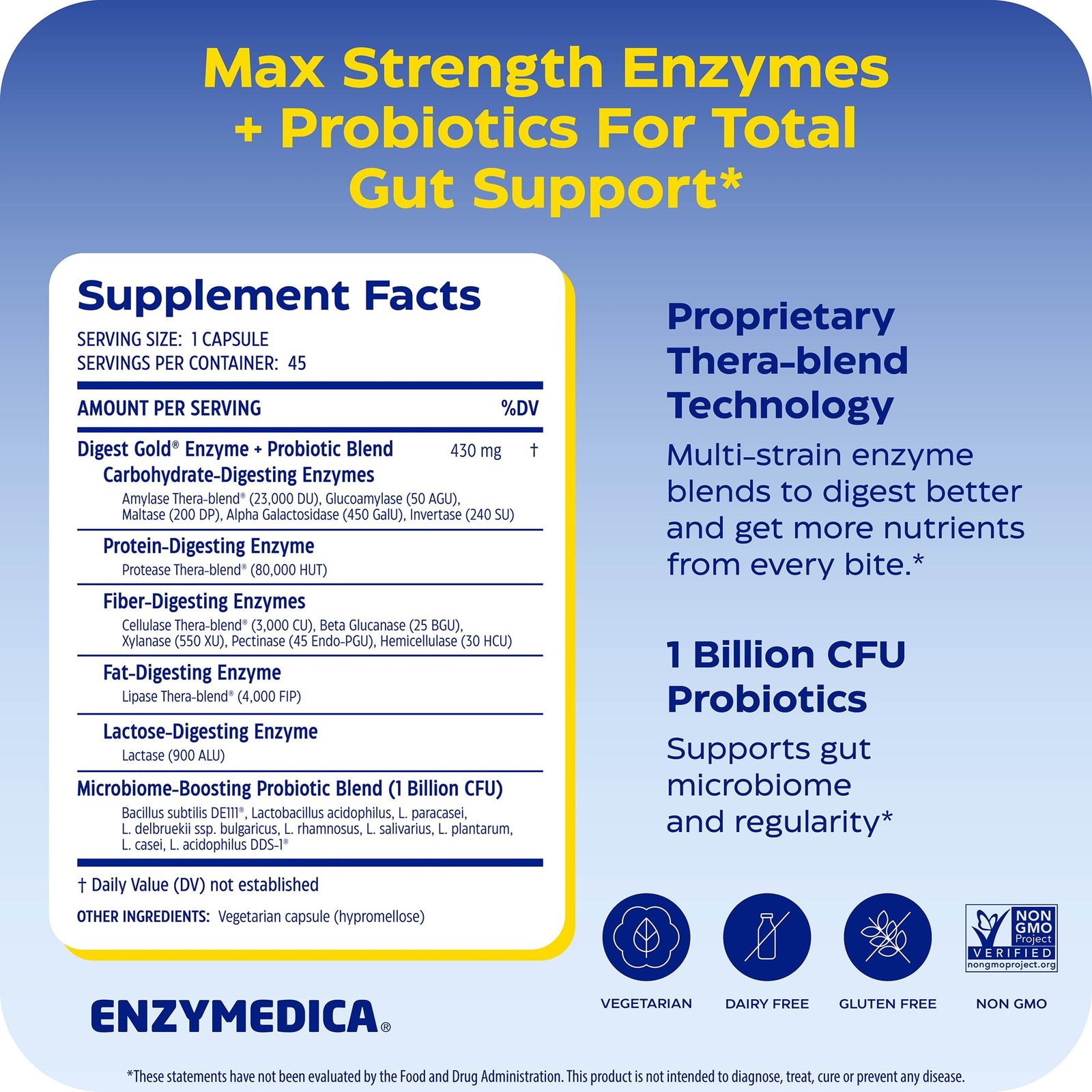 Enzymedica Digest Gold + Probiotics – 45 Count (Pack of 1), No Color