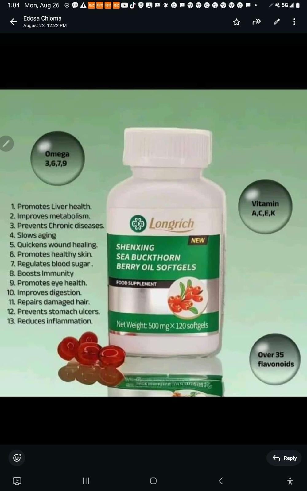 Longrich Sea Buckthorn Berry Oil – Omega-7 & Antioxidant Support (120 Softgels)