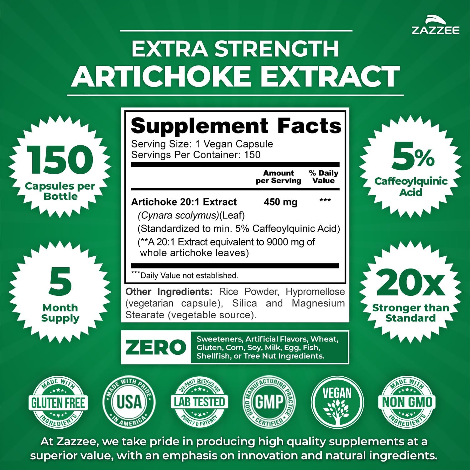 Zazzee Extra Strength Artichoke 20:1 Extract, 5% 150 Count (Pack of 1)